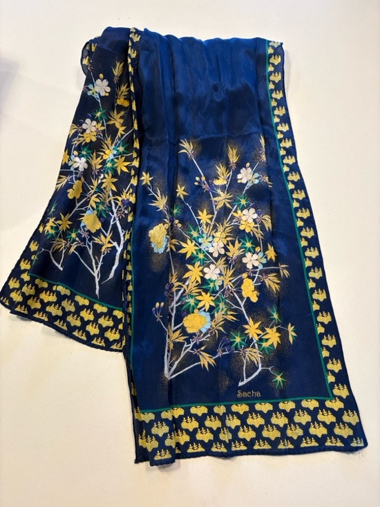 vintage sacha Accessories - Vintage Sacha Navy Floral Silk Scarf with Yellow & Green Accents